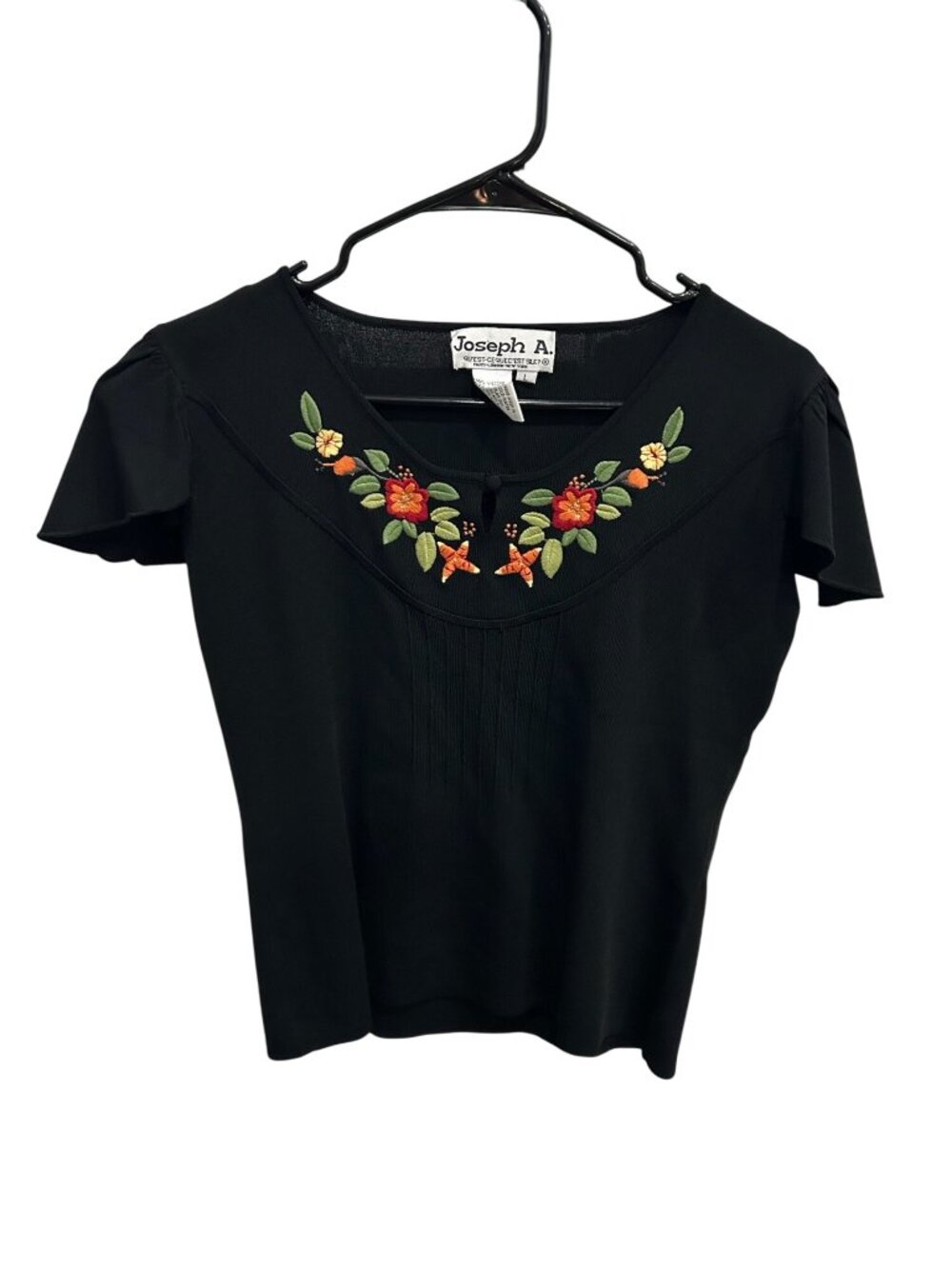 Joseph A Black Floral Embroidered Short Flutter Sleeve Blouse Size L Boho Chic